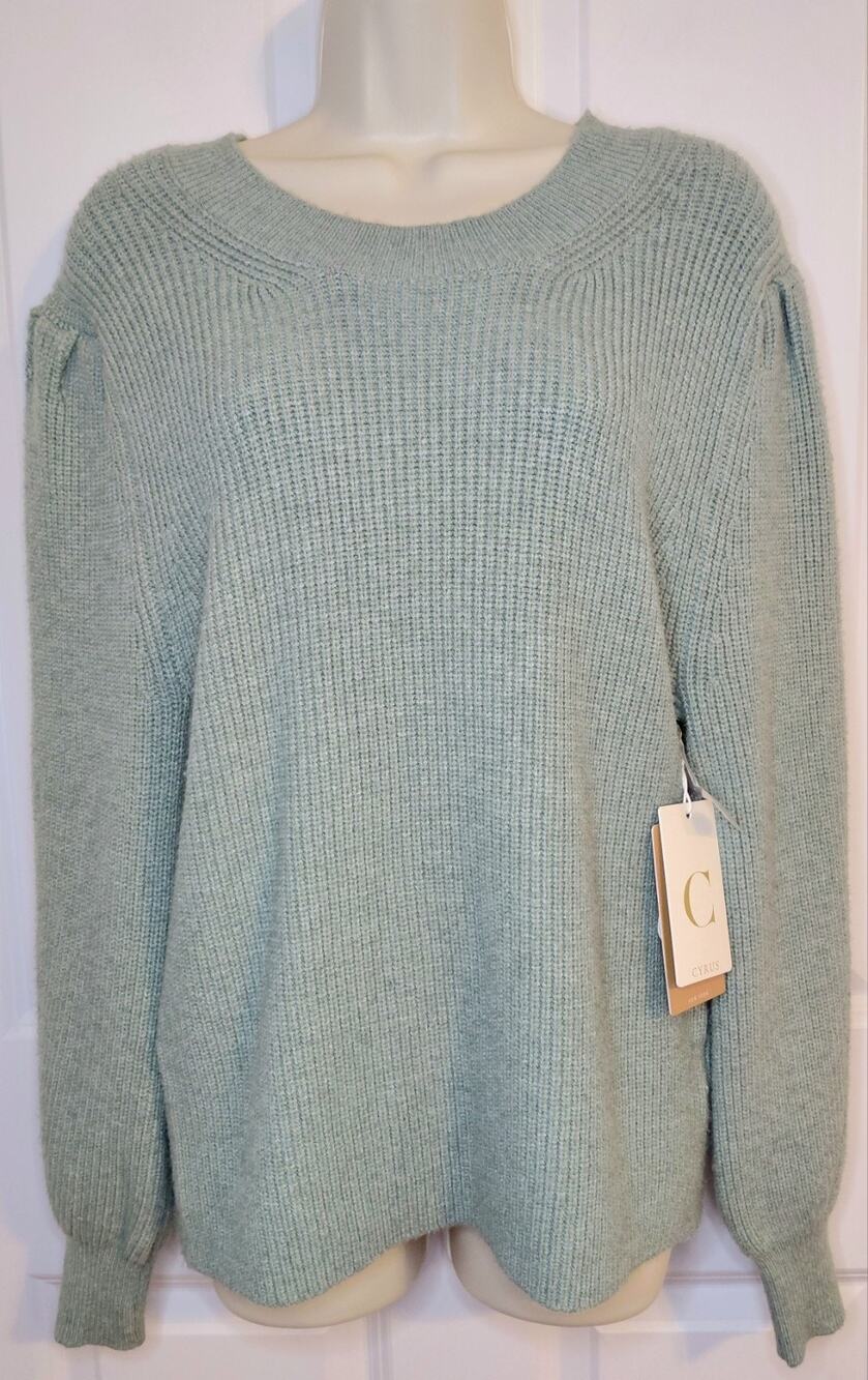 NWT Cyrus Sage Green Ribbed Puff Sleeve Knit Crewneck Sweater Small Cozy Cottage